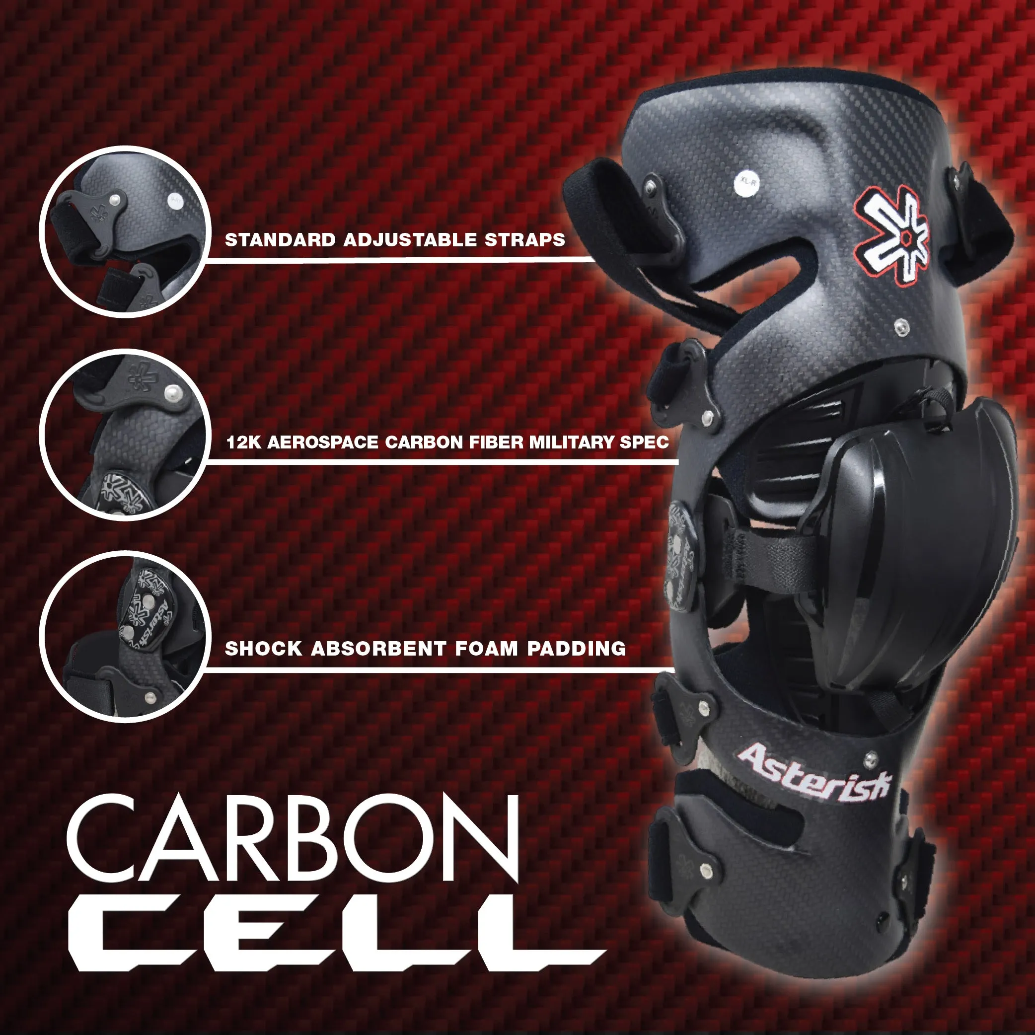 Asterisk Carbon Cell One - Advanced Knee Protector Brace (Left Only) for Motocross, Snowboarding, Wakeboarding, Off-Roading, Football, & More - Size Large