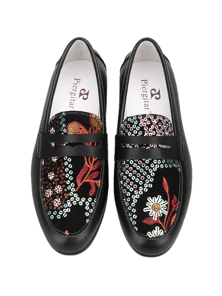 British style black panna leather splicing imported light luxury fabric printed sheepskin men's casual penny loafers