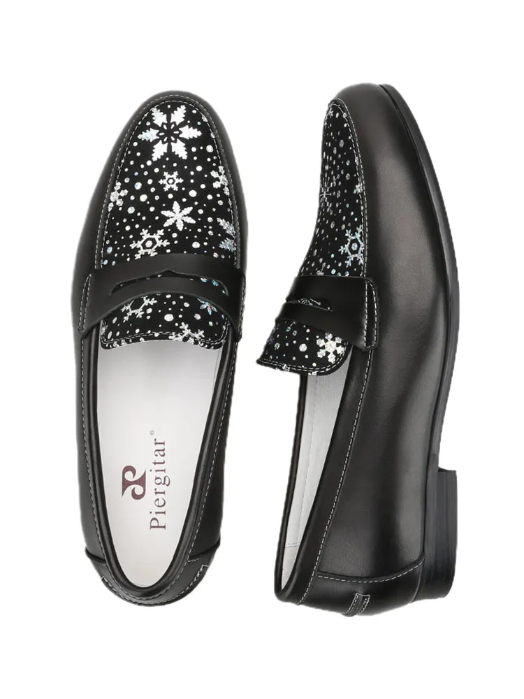 British style black panna leather splicing imported light luxury fabric printed sheepskin men's casual penny loafers