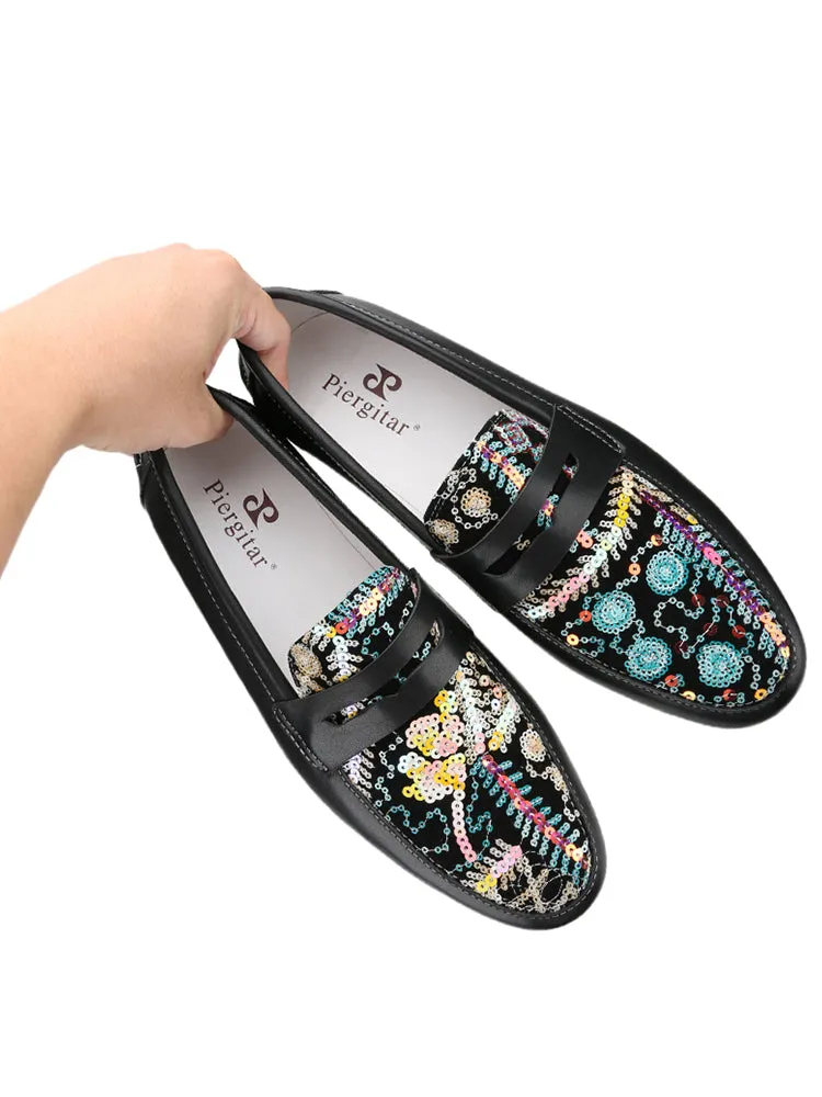 British style black panna leather splicing imported light luxury fabric printed sheepskin men's casual penny loafers