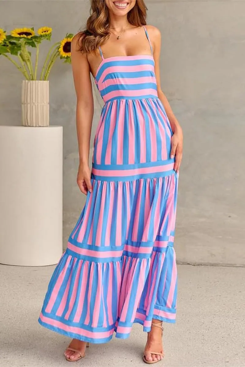 Chouyatou Women Spaghetti Strap Back Smocked Maxi Striped Dress Summer Casual Floral Flowy Beach Sun Dress