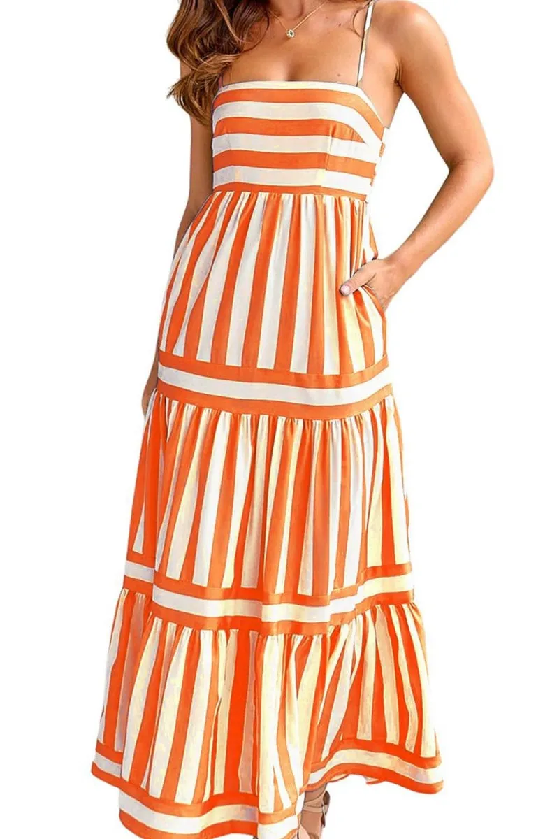 Chouyatou Women Spaghetti Strap Back Smocked Maxi Striped Dress Summer Casual Floral Flowy Beach Sun Dress