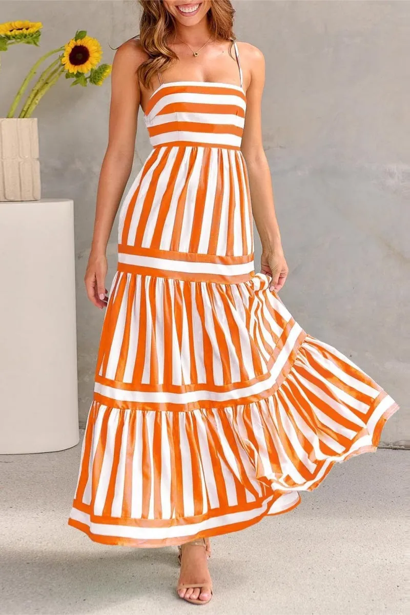 Chouyatou Women Spaghetti Strap Back Smocked Maxi Striped Dress Summer Casual Floral Flowy Beach Sun Dress