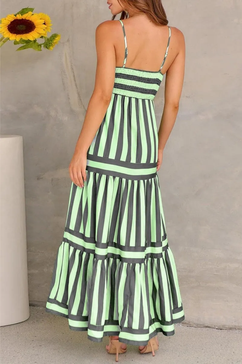Chouyatou Women Spaghetti Strap Back Smocked Maxi Striped Dress Summer Casual Floral Flowy Beach Sun Dress