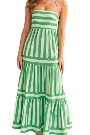 Chouyatou Women Spaghetti Strap Back Smocked Maxi Striped Dress Summer Casual Floral Flowy Beach Sun Dress
