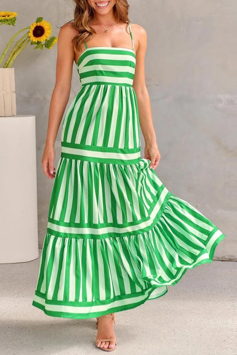 Chouyatou Women Spaghetti Strap Back Smocked Maxi Striped Dress Summer Casual Floral Flowy Beach Sun Dress