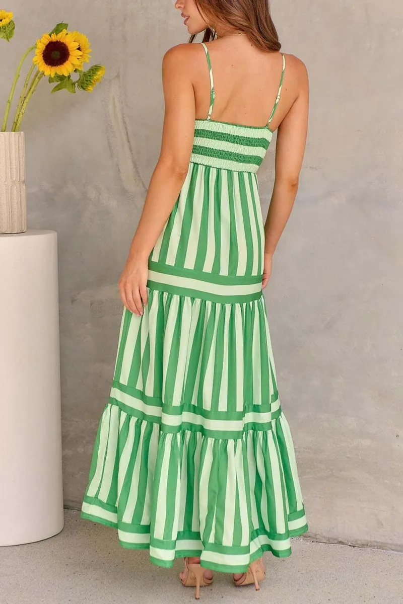 Chouyatou Women Spaghetti Strap Back Smocked Maxi Striped Dress Summer Casual Floral Flowy Beach Sun Dress