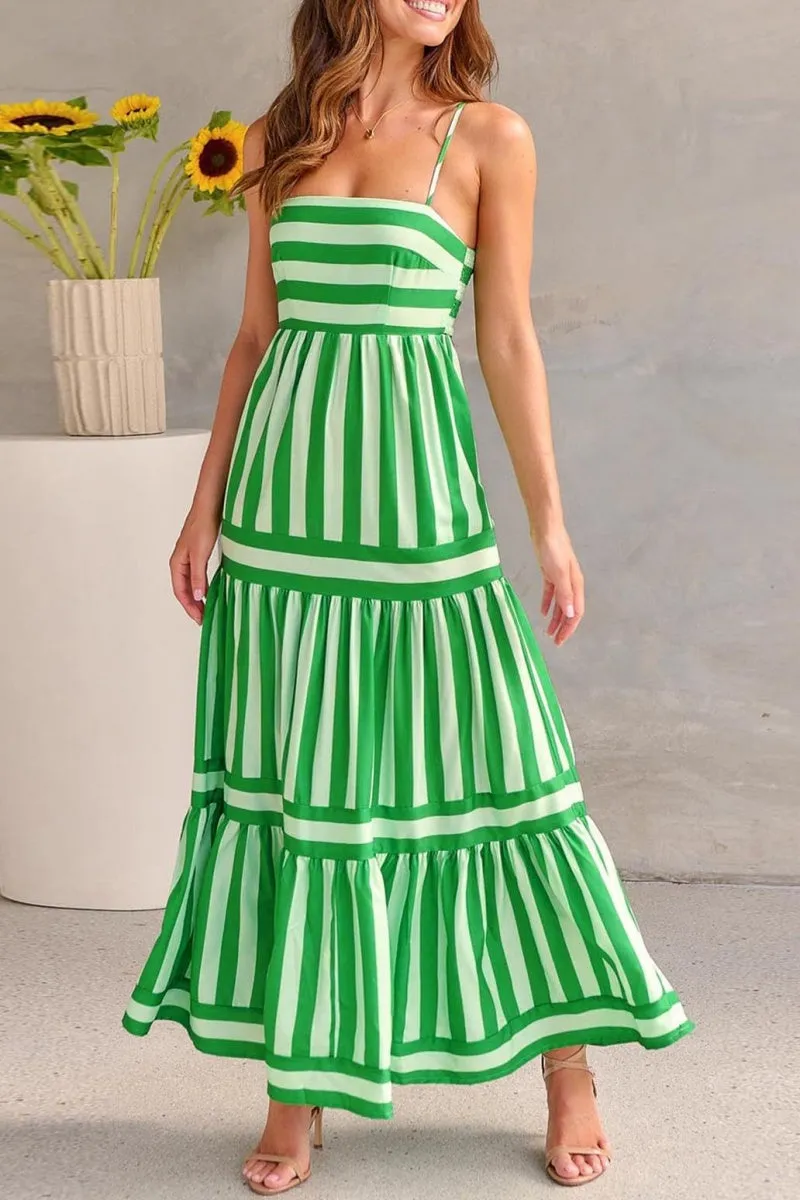 Chouyatou Women Spaghetti Strap Back Smocked Maxi Striped Dress Summer Casual Floral Flowy Beach Sun Dress