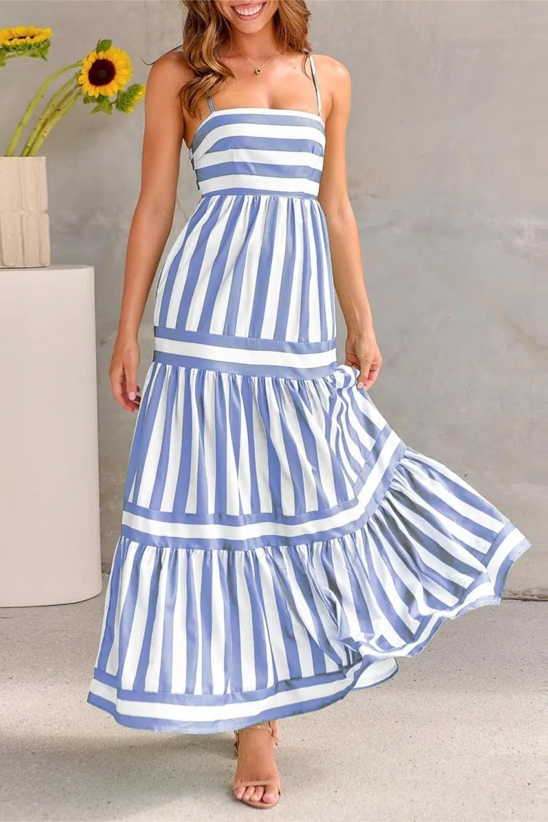 Chouyatou Women Spaghetti Strap Back Smocked Maxi Striped Dress Summer Casual Floral Flowy Beach Sun Dress