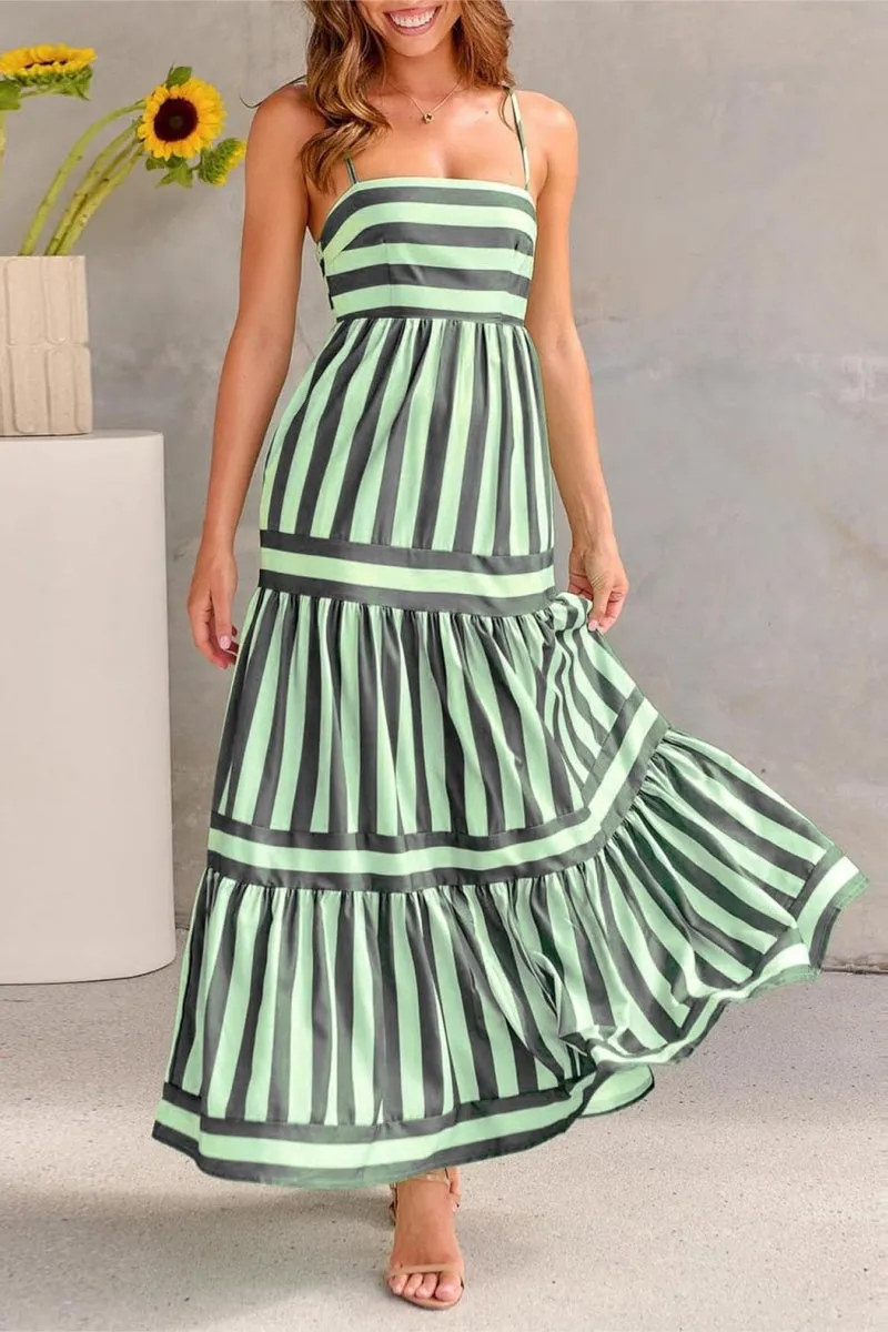 Chouyatou Women Spaghetti Strap Back Smocked Maxi Striped Dress Summer Casual Floral Flowy Beach Sun Dress