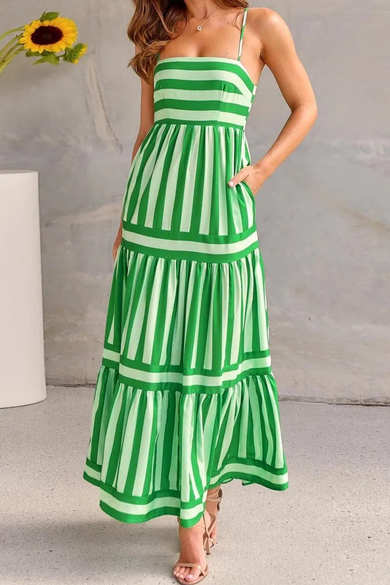Chouyatou Women Spaghetti Strap Back Smocked Maxi Striped Dress Summer Casual Floral Flowy Beach Sun Dress