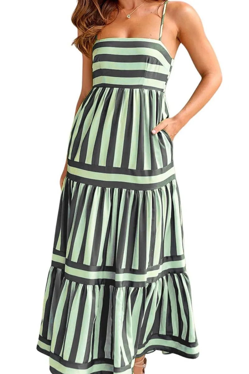 Chouyatou Women Spaghetti Strap Back Smocked Maxi Striped Dress Summer Casual Floral Flowy Beach Sun Dress