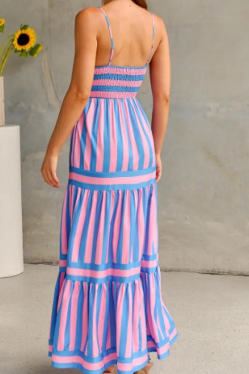 Chouyatou Women Spaghetti Strap Back Smocked Maxi Striped Dress Summer Casual Floral Flowy Beach Sun Dress