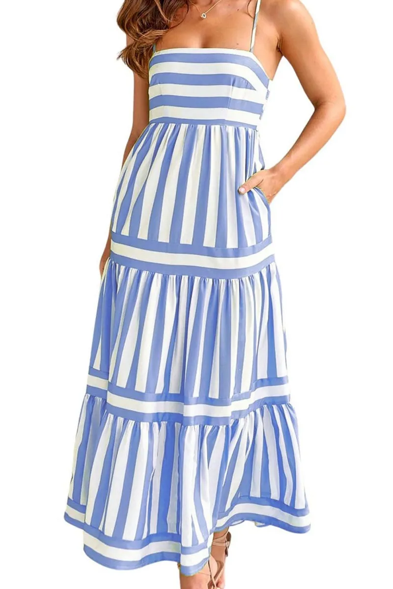 Chouyatou Women Spaghetti Strap Back Smocked Maxi Striped Dress Summer Casual Floral Flowy Beach Sun Dress