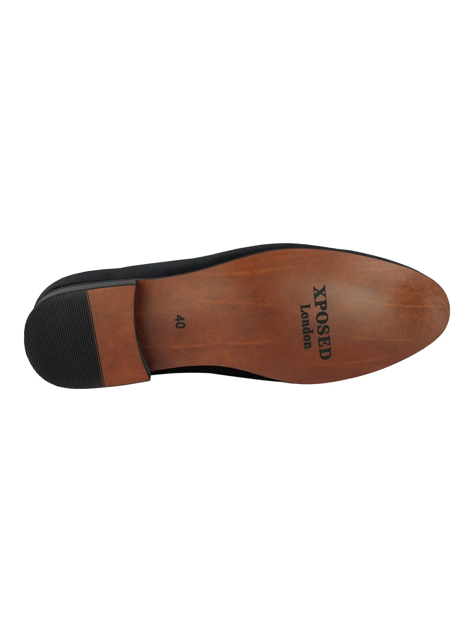FAUX LEATHER EMBROIDERED VELVET LOAFERS IN BLACK