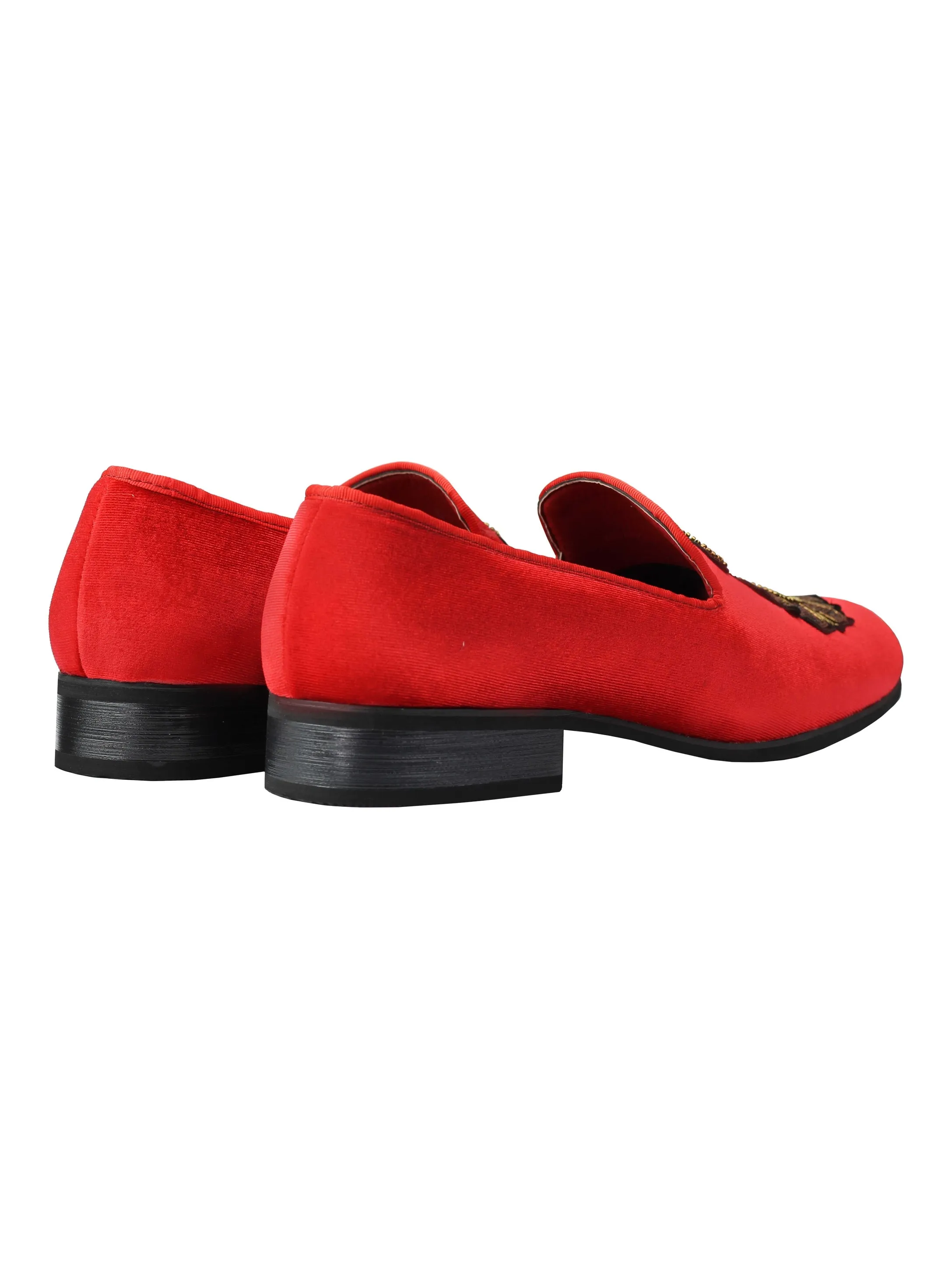 FAUX LEATHER EMBROIDERED VELVET LOAFERS IN RED