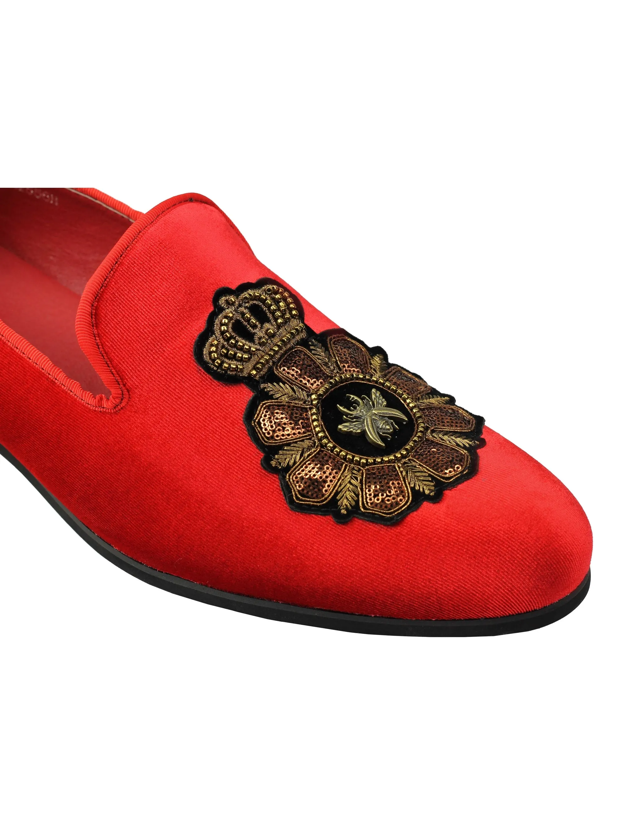 FAUX LEATHER EMBROIDERED VELVET LOAFERS IN RED