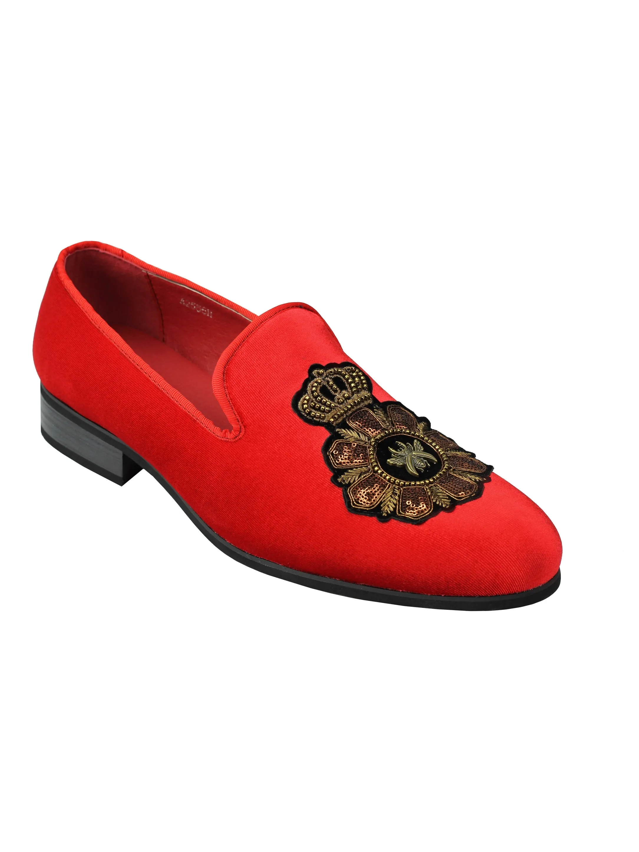 FAUX LEATHER EMBROIDERED VELVET LOAFERS IN RED