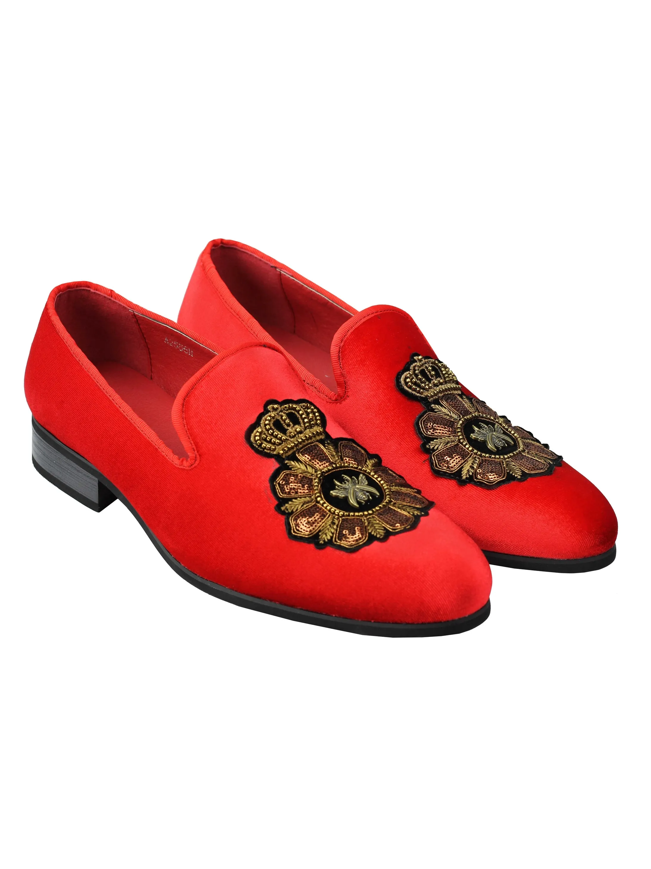 FAUX LEATHER EMBROIDERED VELVET LOAFERS IN RED