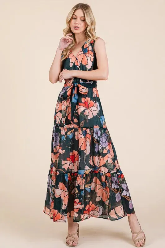 Floral Print Tie Waist Maxi Dress