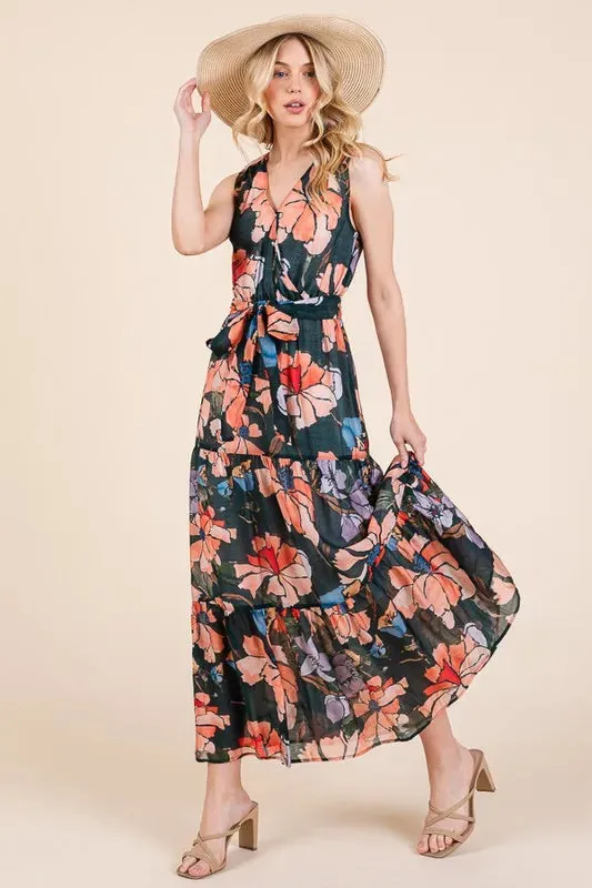 Floral Print Tie Waist Maxi Dress