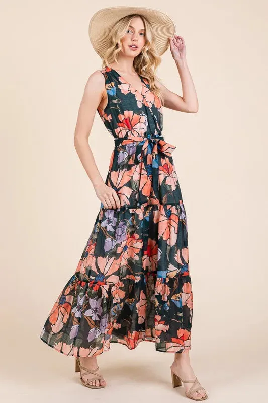 Floral Print Tie Waist Maxi Dress