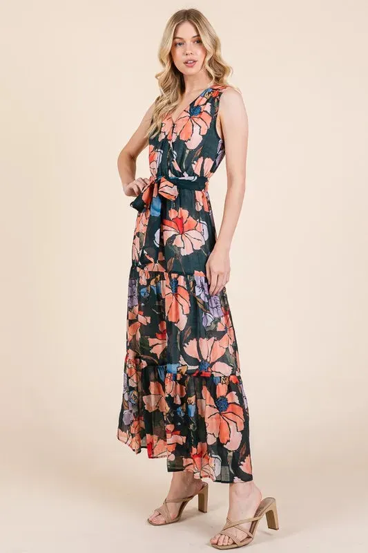 Floral Print Tie Waist Maxi Dress