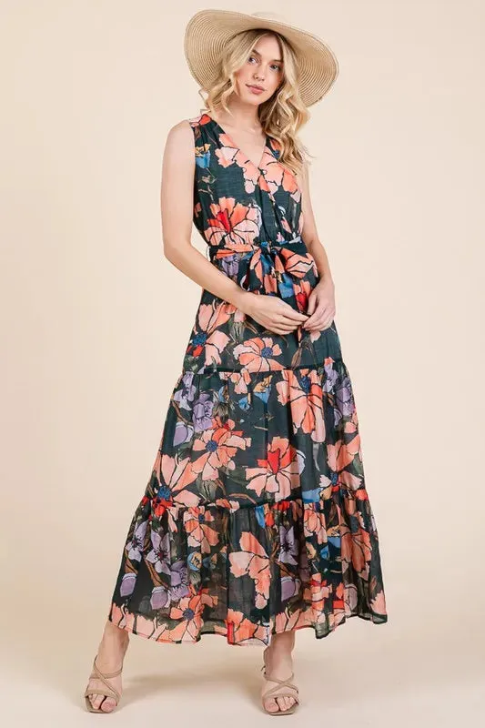 Floral Print Tie Waist Maxi Dress
