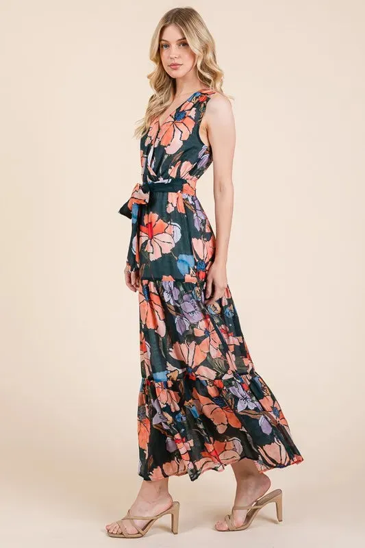 Floral Print Tie Waist Maxi Dress