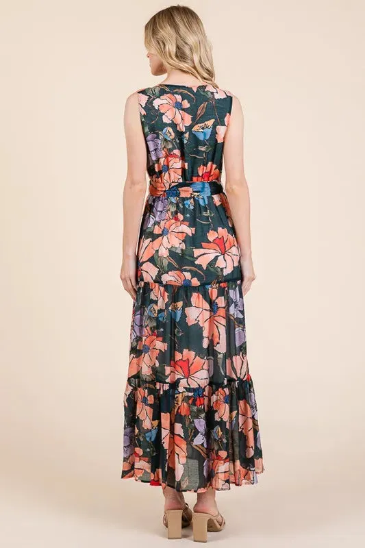 Floral Print Tie Waist Maxi Dress