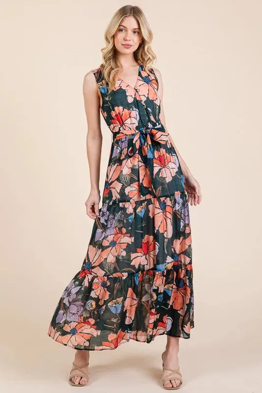 Floral Print Tie Waist Maxi Dress