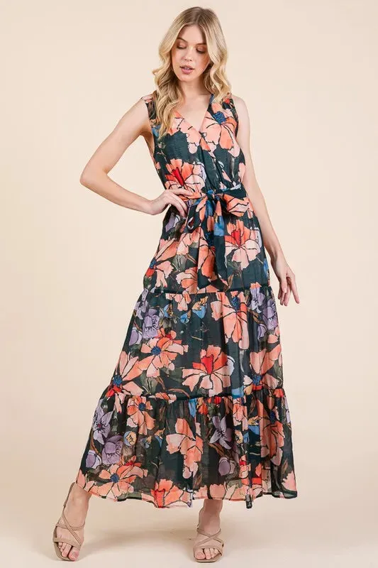 Floral Print Tie Waist Maxi Dress