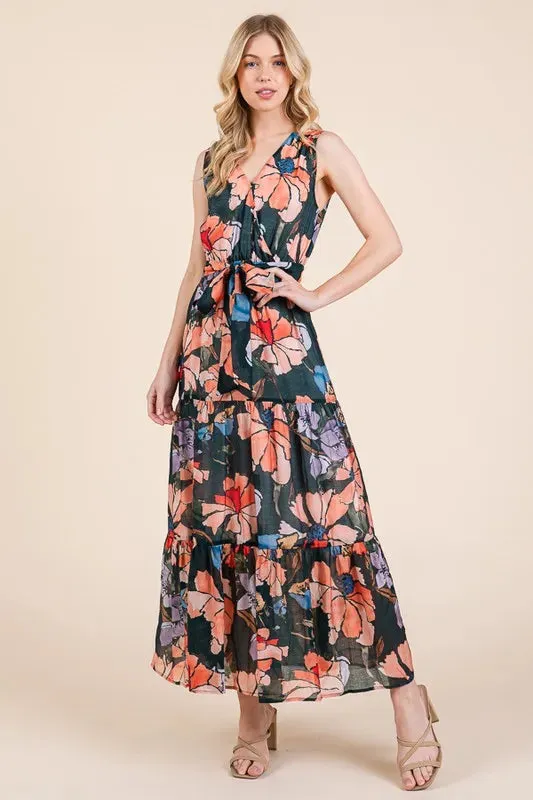 Floral Print Tie Waist Maxi Dress