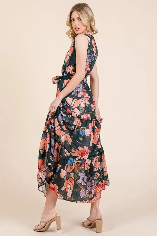 Floral Print Tie Waist Maxi Dress