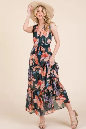 Floral Print Tie Waist Maxi Dress