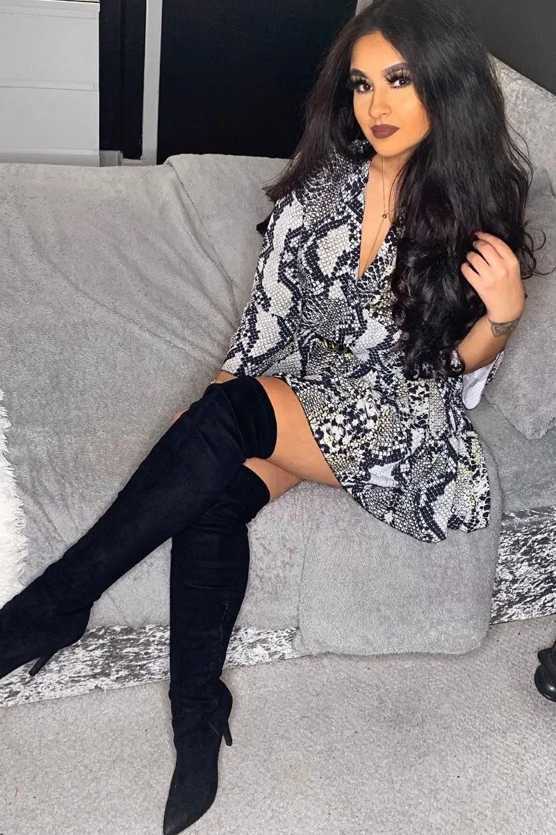 Grey Snake Print Plunge Flute Sleeve Shift Dress - Olesya