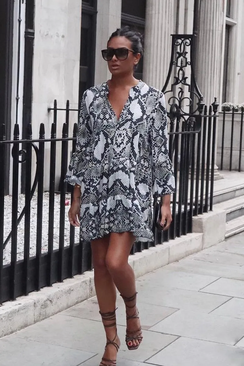 Grey Snake Print Plunge Flute Sleeve Shift Dress - Olesya