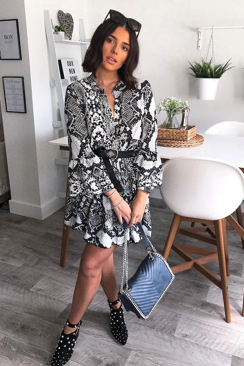 Grey Snake Print Plunge Flute Sleeve Shift Dress - Olesya