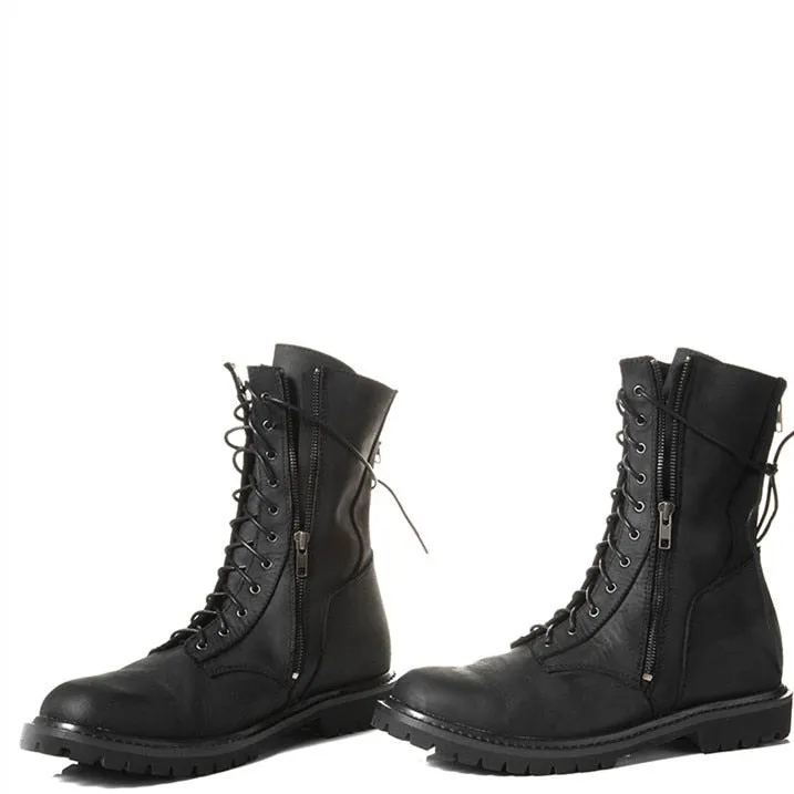 High quality lace up zipper motorcycle high men boots safety Military black wedge fashion  western knight Boots