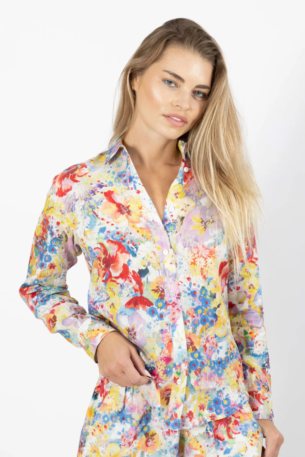 Malta Linen Button-Up - Bright Floral