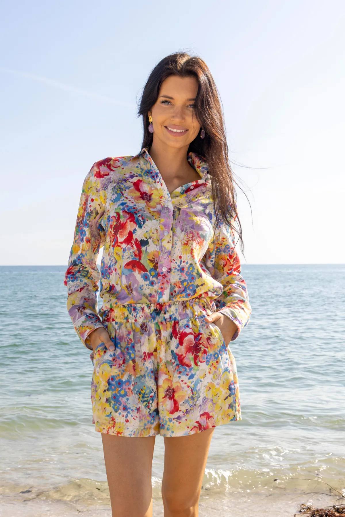 Malta Linen Button-Up - Bright Floral