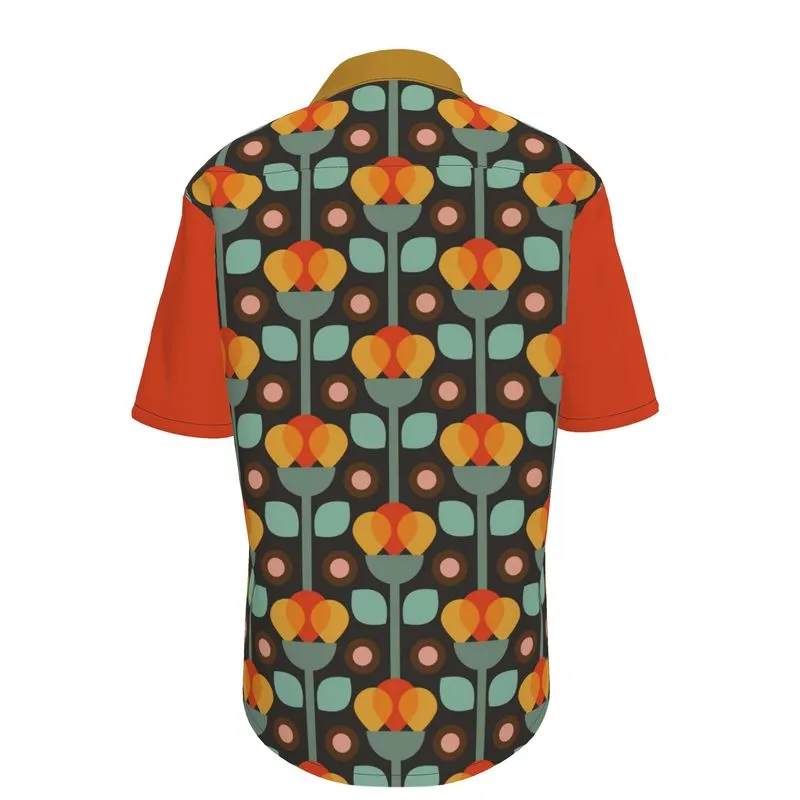 Organic Silk, Cotton, or Linen Short Sleeve Shirt with Mid-century Print