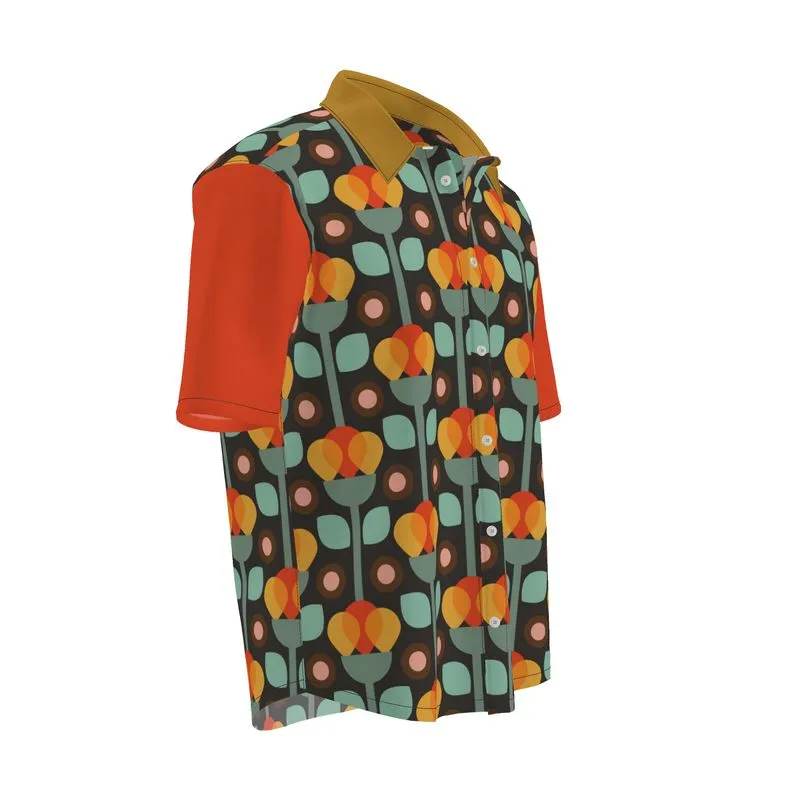 Organic Silk, Cotton, or Linen Short Sleeve Shirt with Mid-century Print