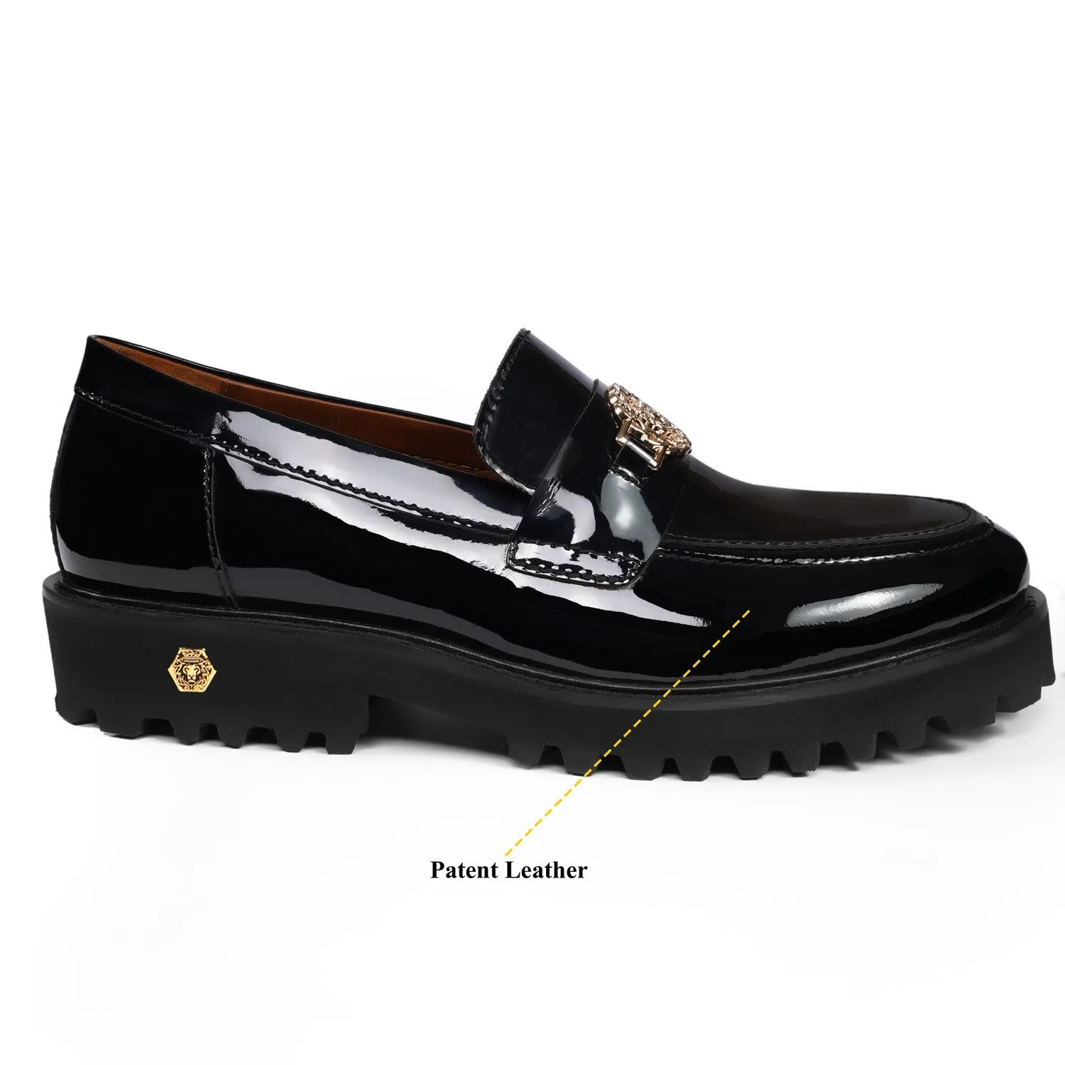Patent Leather Super Chunky Sole Black Loafers with Golden Lion Logo