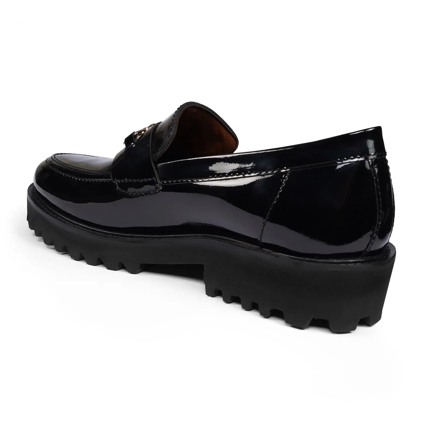 Patent Leather Super Chunky Sole Black Loafers with Golden Lion Logo