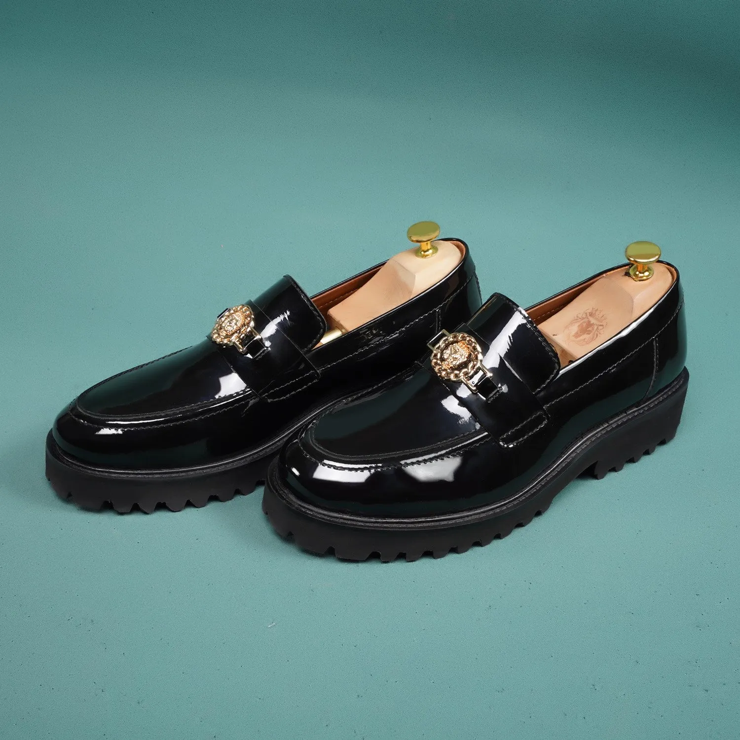 Patent Leather Super Chunky Sole Black Loafers with Golden Lion Logo