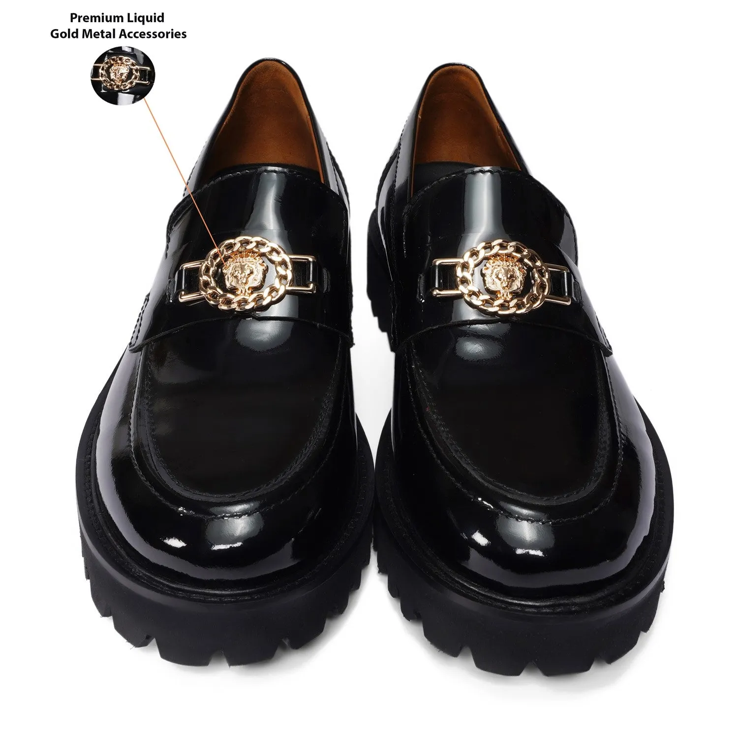Patent Leather Super Chunky Sole Black Loafers with Golden Lion Logo