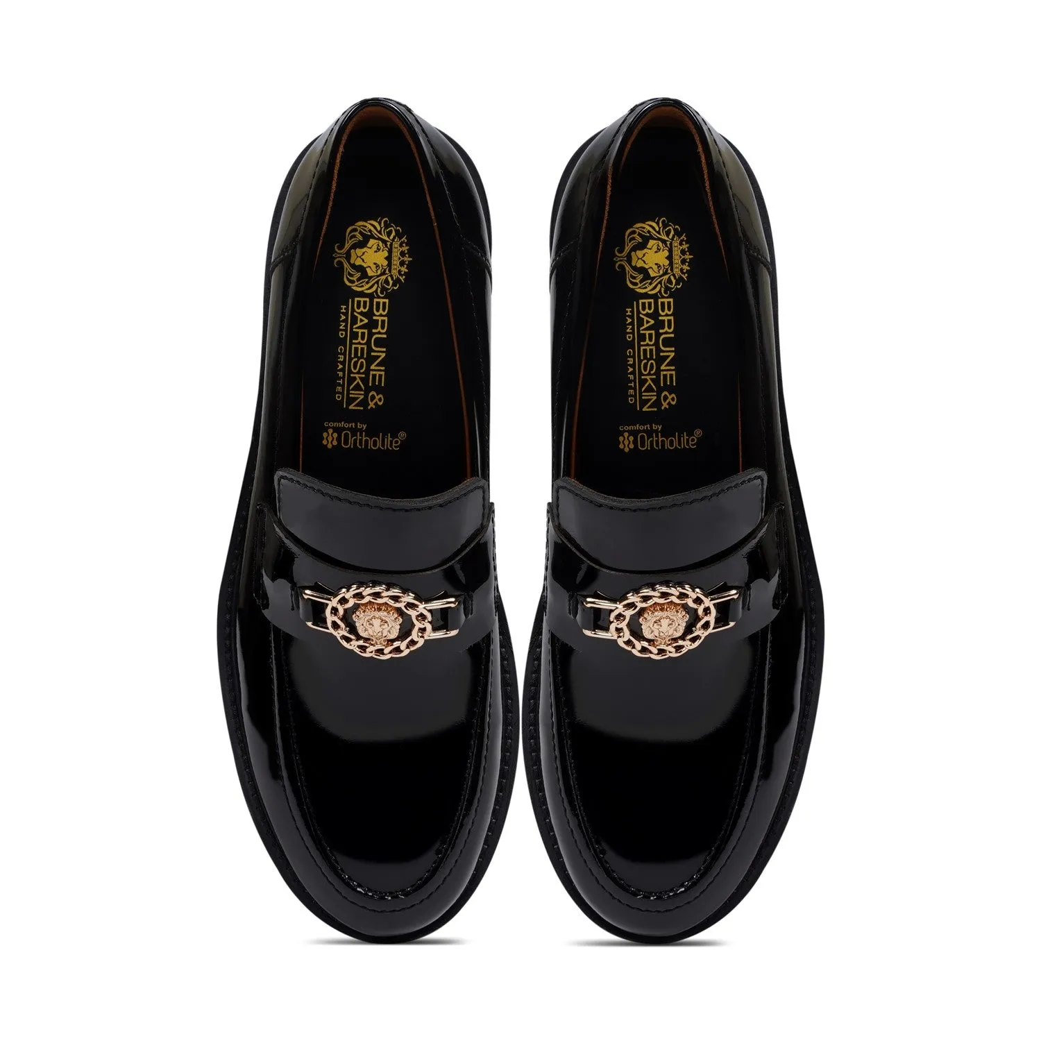 Patent Leather Super Chunky Sole Black Loafers with Golden Lion Logo