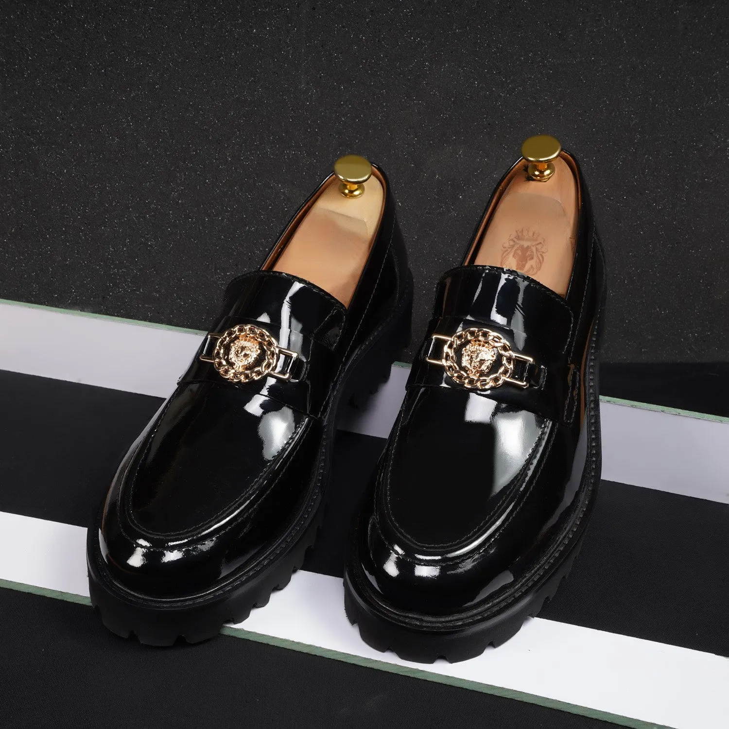 Patent Leather Super Chunky Sole Black Loafers with Golden Lion Logo