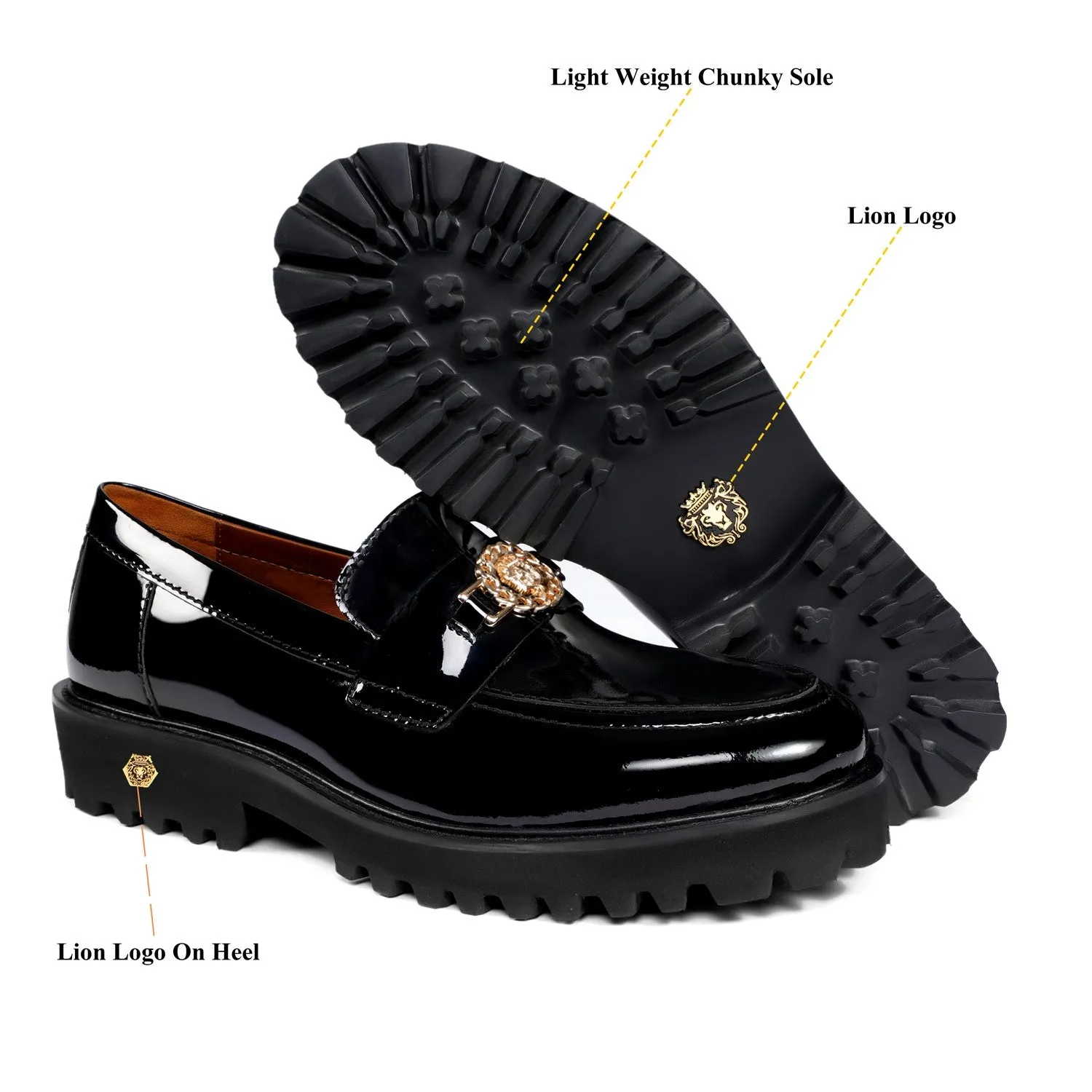 Patent Leather Super Chunky Sole Black Loafers with Golden Lion Logo